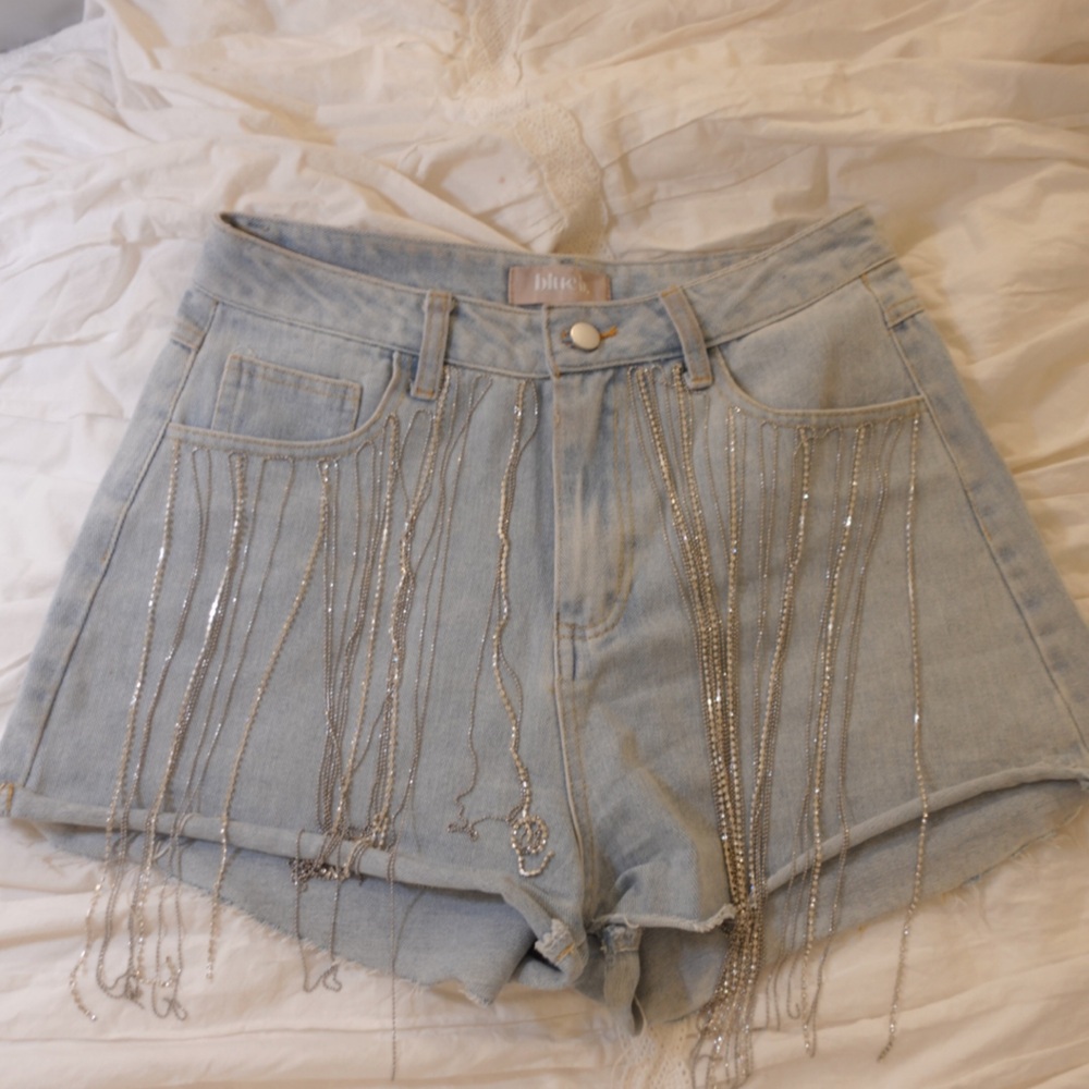 Blue Denim Jean Shorts with Silver Accents